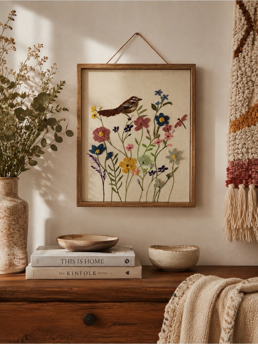 NWT BP Home Embroidered Art - Floral & Bird 11.5 x 14.5 inches